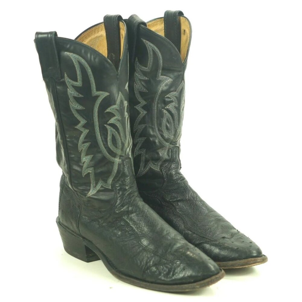 Tony Lama Black Full Quill Ostrich Cowboy Boots Wingtip US Handcrafted Men 9.5 D